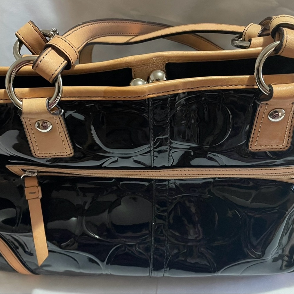 Coach Black and Tan Signature Tote with Leather Trim - Picture 2 of 10